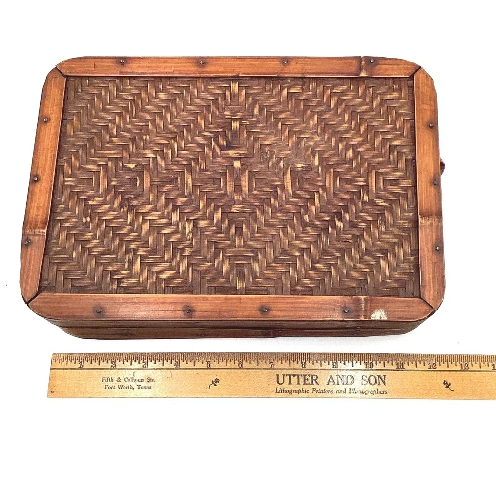 Vintage Woven Bamboo Wood Storage Box Brown‎ Wicker Suitcase Boho Coastal